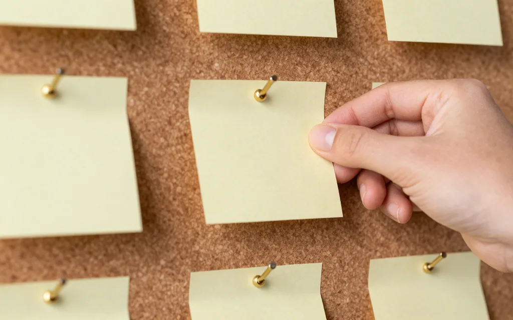 תקריב על יד מצמידה פתק דביק צהוב ללוח פקקים לצד פתקים נוספים, אור יום חם