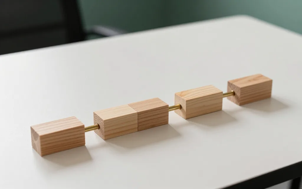 כמה קוביות עץ קטנות מחוברות בשרשרת על שולחן בהיר, יוצרות מסלול מקושר פשוט